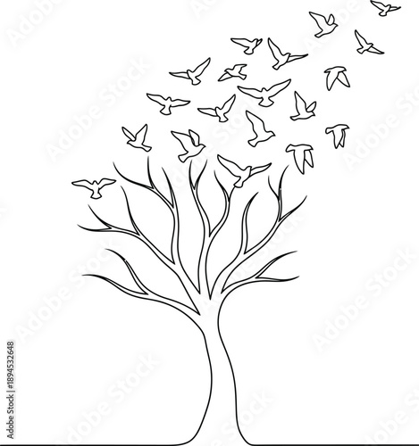 Tree Transforming into Flying Birds Line Art Illustration