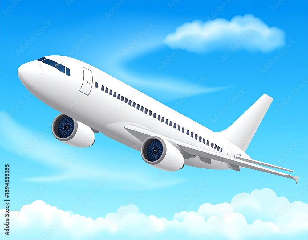 Fototapeta premium A white airplane flies through a blue sky with fluffy clouds