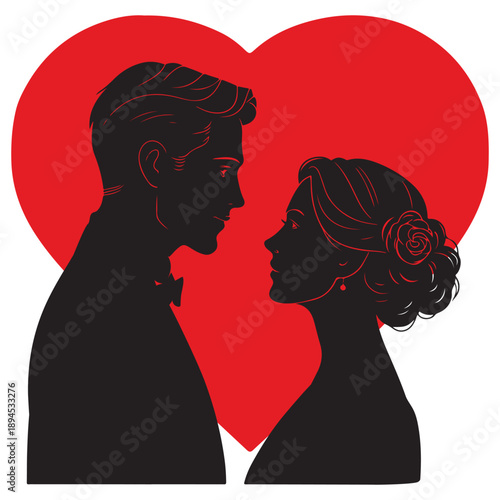 silhouette of a couple with a red heart