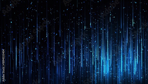 Digital art abstract. Luminous blue lines cascade with scattered specks against a black background