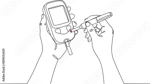 Blood Glucose Testing with Glucometer Line Art Illustration