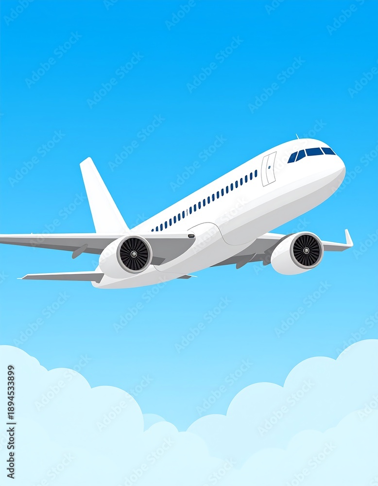 Obraz premium A white jet plane soaring through a vibrant blue sky with fluffy clouds