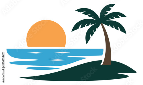 Stylized illustration of a tropical sunset depicting a palm tree on an island over the ocean for summer holidays