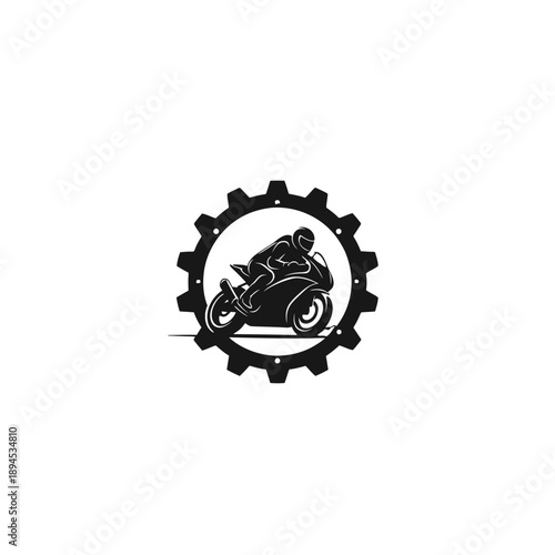 Motorcycle rider emblem surrounded by gear wheel.
