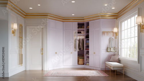 Elegant walk-in closet with lavender built-in wardrobes and gold accents