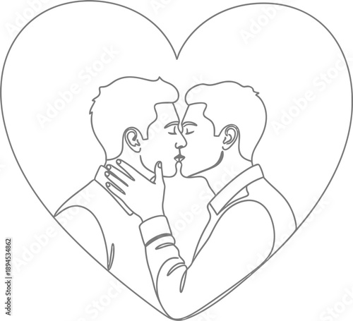 Minimalist continuous line art drawing depicts two men sharing a tender and passionate kiss enclosed within a large heart shape symbolizing love and connection.