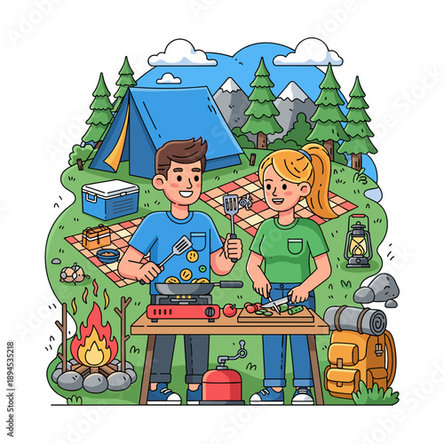 Cartoon illustration of a boy and girl happily playing together inside their home during a festive family moment