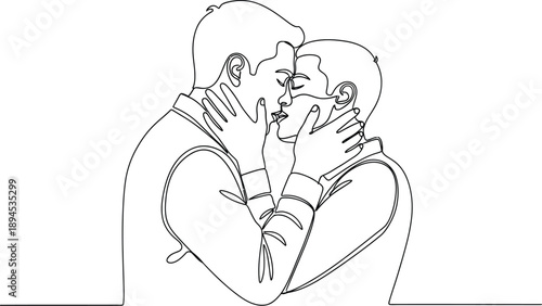 Minimalist continuous line art drawing beautifully capturing two men sharing a passionate kiss symbolizing deep affection and romantic connection