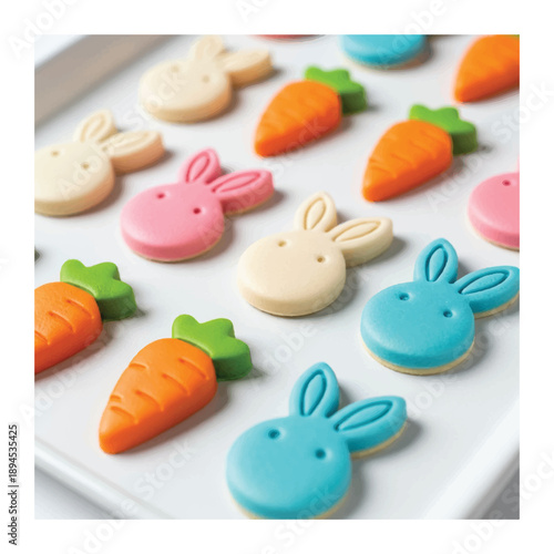 Colorful Easter sugar cookies shaped as cute bunnies and carrots arranged on a white tray