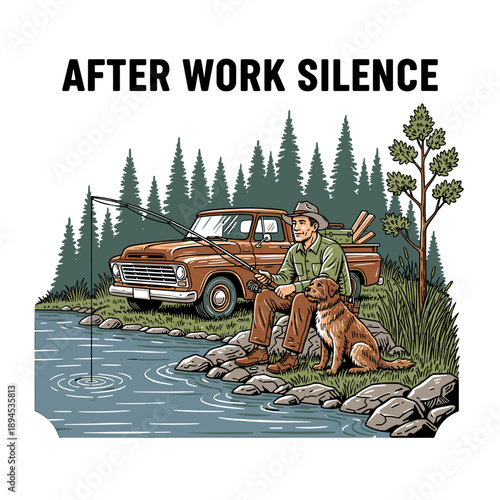 Carpenter relaxing after work fishing with dog by the river