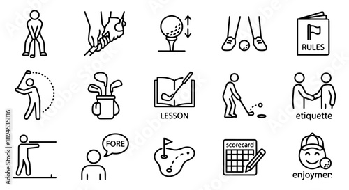 Golf instruction and etiquette line icon set with player, swing, and rules
