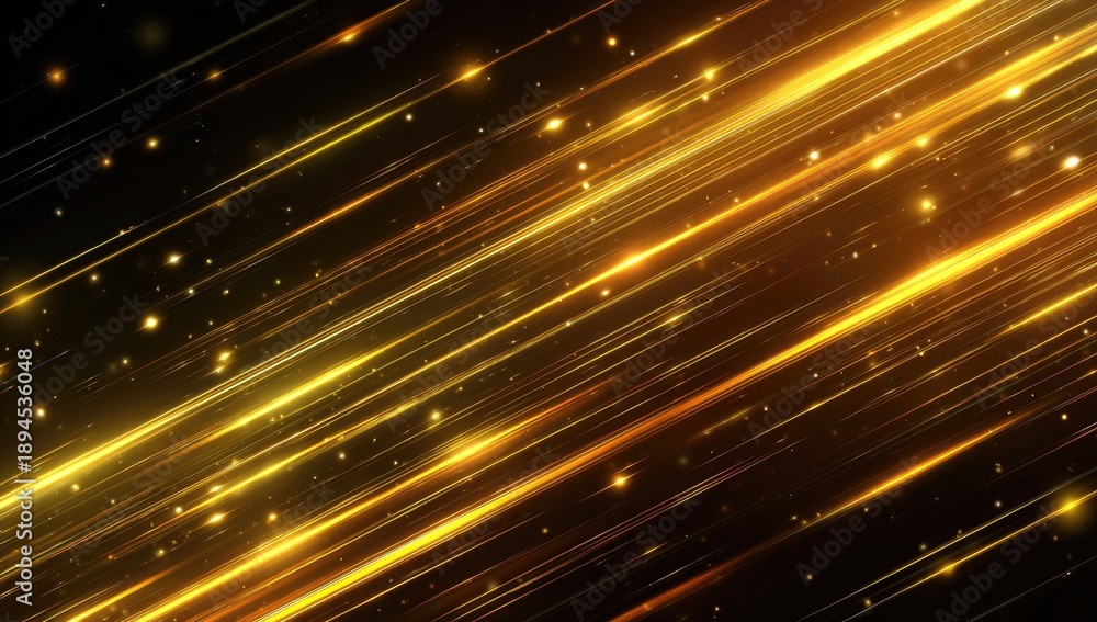 Obraz premium Diagonal streaks of golden light illuminate with glittering particles on a dark background