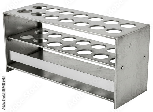 Empty stainless steel laboratory test tube rack with multiple holes on a transparent background