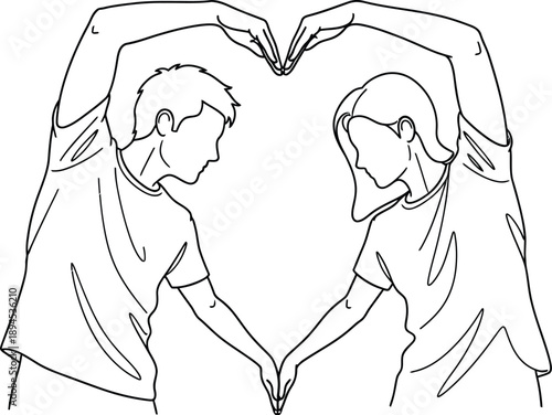Simple line art drawing depicting a romantic couple joining hands to form a perfect heart shape symbolizing unity and everlasting affection between two people.