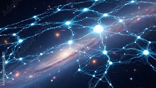 Glowing neural network connections in deep space with galaxy background