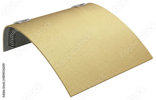 Curved golden textured metal plate with tension springs underneath on a transparent background