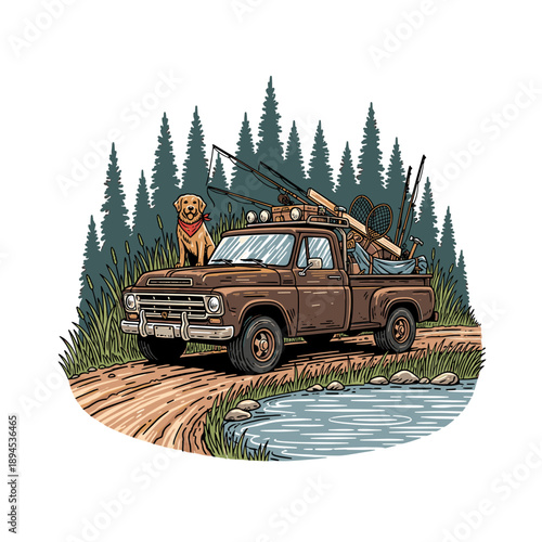 Vintage pickup truck loaded with fishing and carpentry gear