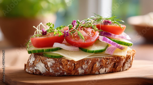 Freshly prepared open sandwich with tomatoes, cucumbers, onions, and herbs on whole grain bread, served on a wooden board