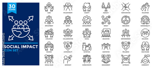 Social Impact icon collection. Contains icons for social, healthcare, education, community, care, philanthropy, impact, wellbeing, livelihood, empowerment. Line vector illustration.
