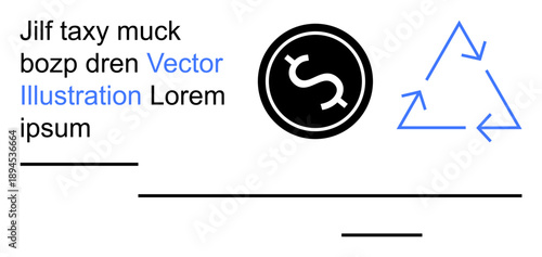 Sustainability, financial systems, eco-friendly practices, economic growth, recycling awareness, environmental consciousness. Currency icon next to a recycling triangle with text. Sustainability