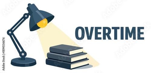 Flat design illustration of the overtime concept depicting late night work with a desk lamp and books for business and study