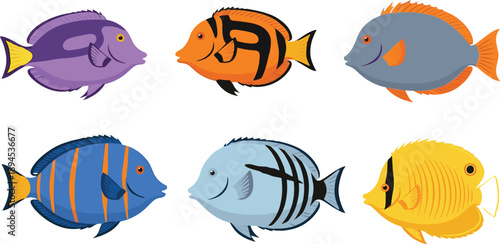Colorful tropical fish vector illustration set featuring cartoon reef species, bright aquarium animals, exotic marine life icons, and underwater wildlife designs