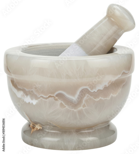 Polished beige marble mortar and pestle for grinding spices on a transparent background