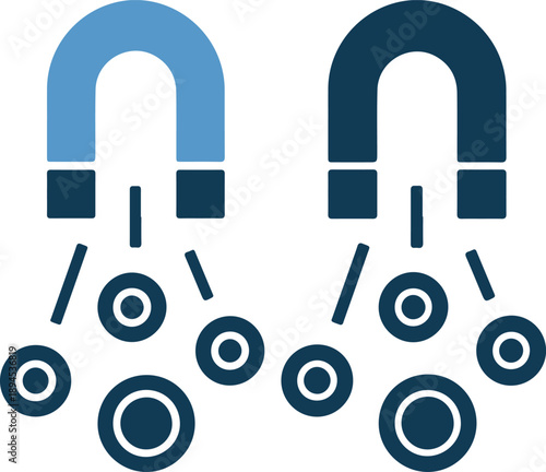 Two blue magnets attracting coins