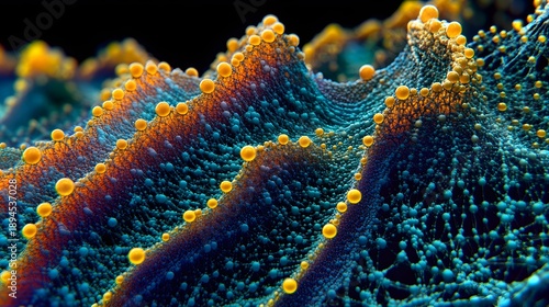 Wallpaper Mural Abstract microscopic visualization depicting vibrant orange and blue textured waves composed of countless interconnected spheres illustrating complex digital data flow or molecular structure dynamics. Torontodigital.ca