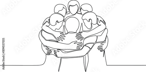 Continuous line drawing illustrating a tight circle of five people embracing each other in a symbol of strong unity and deep friendship cooperation