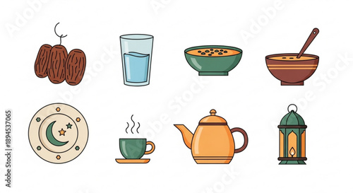 Traditional Ramadan icons set with dates, drinks, and tea, displayed in a flat design, suitable for cultural and religious themes.