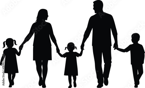 Silhouette of family walking together, black and white unity concept, parents with children illustration, love and support design, togetherness moment for stock use