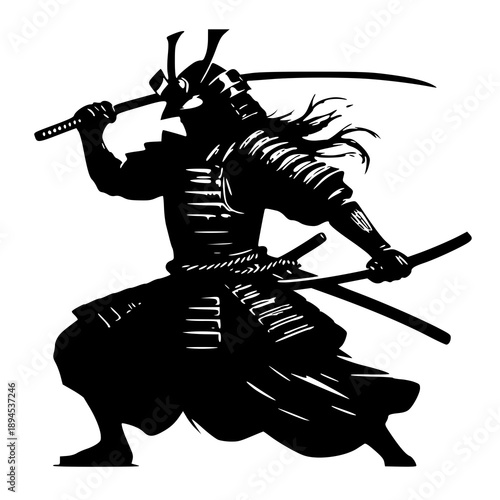 medieval knight with sword , vector illustration of a samurai , silhouette of a samurai 