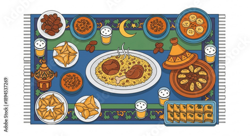 A colorful illustration of a festive Middle Eastern or Asian meal setup on a blue placemat with various dishes, viewed from directly above.