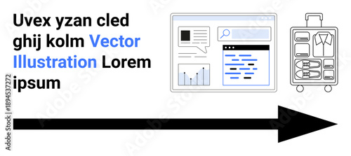 Digital media, travel planning, business analysis, online tools, navigation, workflow. Screen with analytics, suitcase and bold arrow. Digital media and travel planning