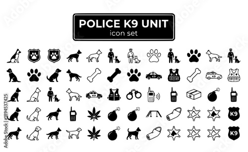 Police K9 Unit Canine Dogs Handler Detection Training Search Drug Bomb Patrol Service Law Enforcement Vector Icon Set - K9 Services
