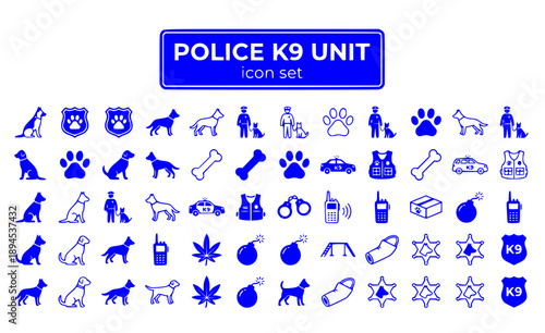 Police K9 Unit Canine Dogs Handler Detection Training Search Drug Bomb Patrol Service Law Enforcement Vector Icon Set - K9 Services