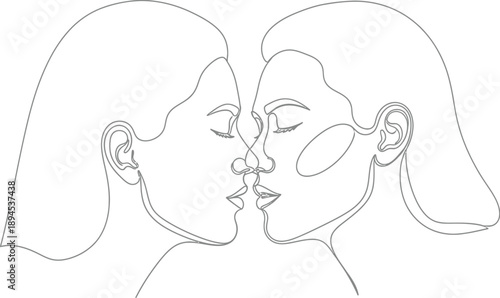 Elegant continuous line art drawing depicting two women sharing a tender and intimate moment of a close romantic kiss against a white backdrop
