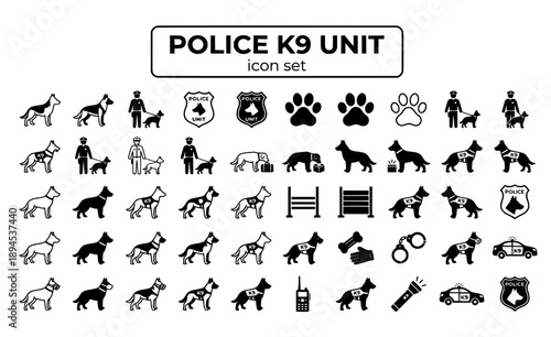 Police K9 Unit Canine Dogs Handler Detection Training Search Drug Bomb Patrol Service Law Enforcement Vector Icon Set - K9 Services