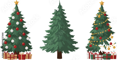 Decorated Christmas tree vector illustration set with ornaments, garlands, stars, gift boxes, pine branches, and festive winter holiday celebration elements