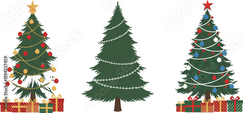 Decorated Christmas tree vector illustration set with ornaments, lights, garlands, stars, gift boxes, and festive holiday winter celebration elements