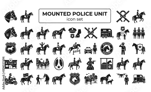 Mounted Police Unit Horse Equestrian Patrol Officer Rider Crowd Control Ceremonial Urban Law Enforcement Cavalry Vector Icon Set - Mounted Patrol