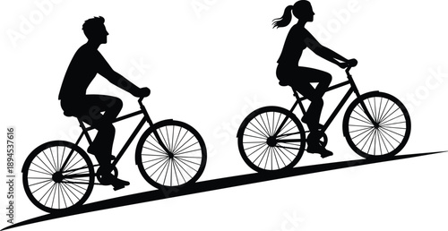 Silhouette of two cyclists riding uphill on slope, black and white motion scene, fitness effort concept, outdoor activity illustration, perseverance design for stock use