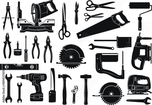 Tool silhouette collection, construction tools, hand tools, power tools, black and white, DIY equipment, carpentry gear, repair tools, industrial icons, workshop essentials, hardware set