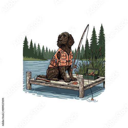 Dog wearing a tool vest sitting on a dock with fishing rod