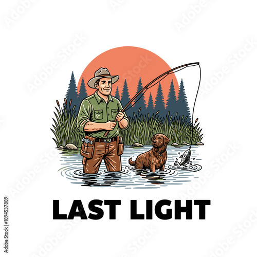 Man wading in river fishing during the last light of day