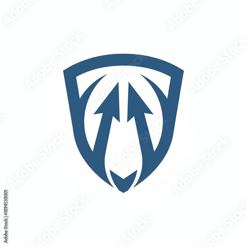 Modern abstract blue shield logo with upward arrows and circular elements for security and growth branding isolated on white background