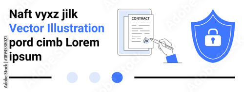 Contract signing on tablet with protective shield symbol. Ideal for data security, agreements, e-signatures, online transactions, trust, compliance, privacy, simple landing page