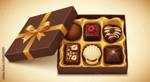 Assorted chocolates in an open gift box with ribbon on a beige background