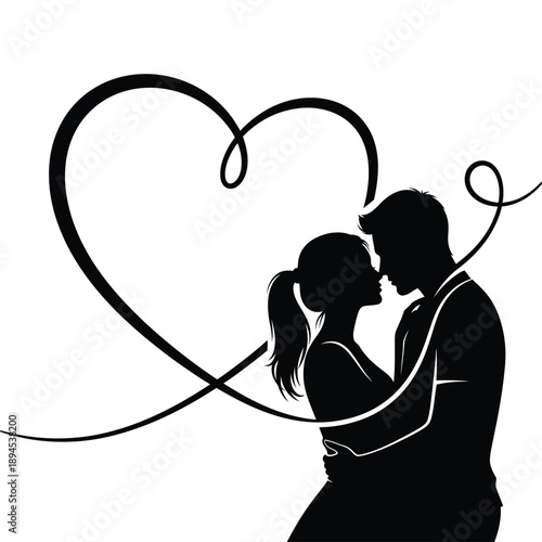 Black silhouette of a romantic couple embracing with a heart shape formed by a flowing line around them